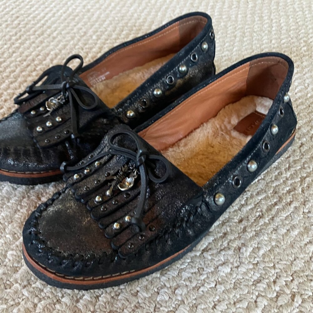 COACH Black Suede Roccasin Charms T-Rex Moccasins 10 Slip on Shearling Cozy - Picture 3 of 8